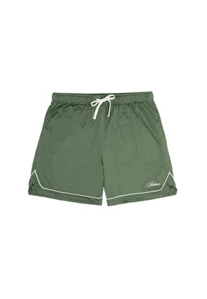 Grüne Netz-Schwimmshorts mit weißen Details, elastischem Bund und verstellbarem Kordelzug. Mit seitlichen Belüftungsöffnungen für bessere Luftzirkulation.