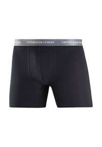 Black boxer briefs with a gray elastic waistband featuring "COPENHAGEN STUDIOS" logo. Material is smooth and stretchy with a fitted design.