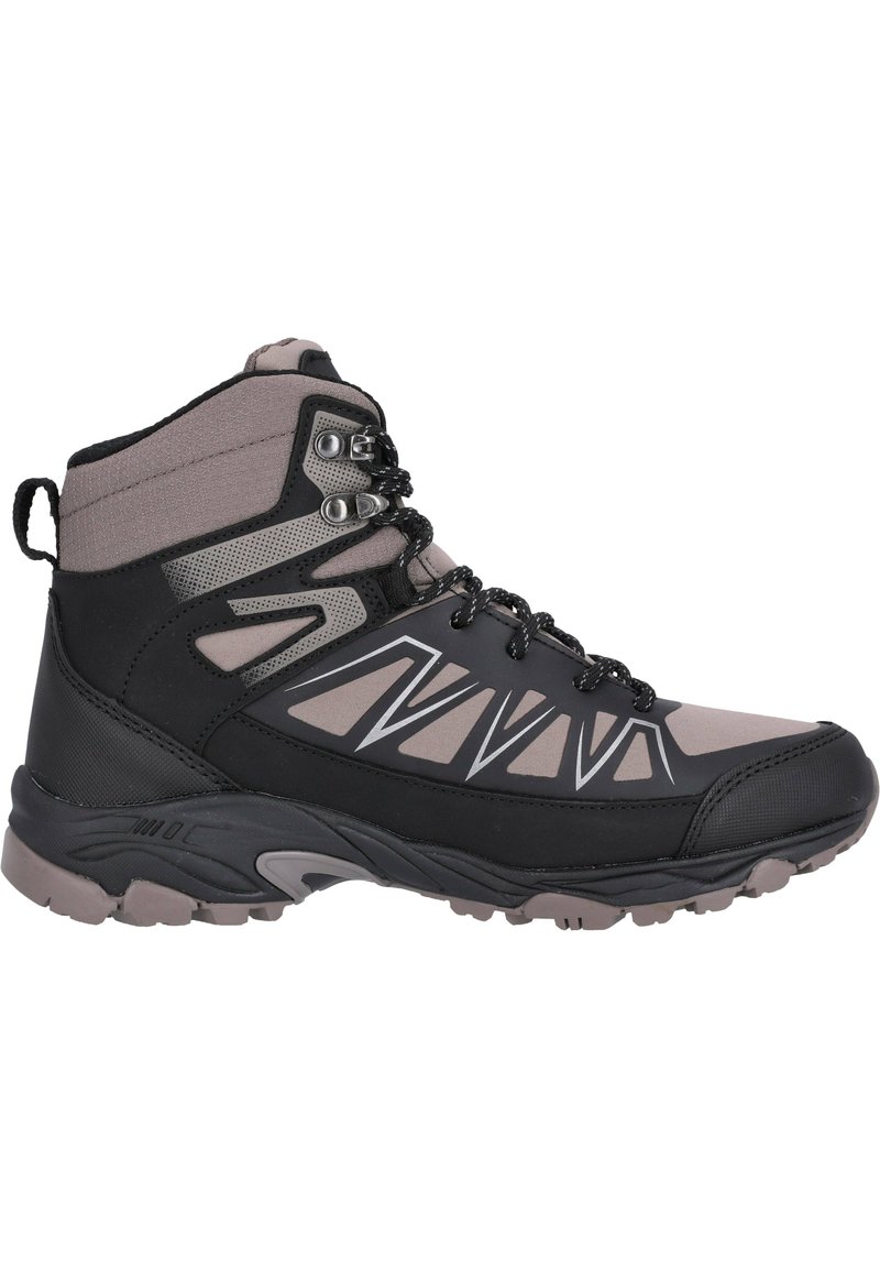 Bottines de randonnée mi-hautes en noir et gris. Comprend un matériau synthétique robuste, une tige texturée, un embout renforcé et une semelle extérieure robuste avec des motifs de adhérence.