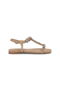 Sandal beige con suola piatta, design T-strap, adornata con strass colorati lungo la tomaia. Cinturino alla caviglia regolabile per una vestibilità sicura.