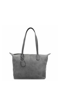 Borsa a tracolla grigia con una texture, dotata di due manici, chiusura con zip superiore e un piccolo cartellino attaccato con un dettaglio del logo.