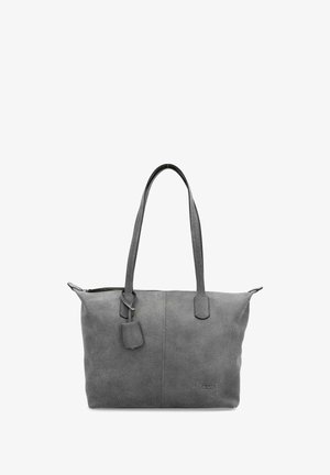 Graue strukturierte Tragetasche mit zwei Schulterriemen, Reißverschluss oben und einem kleinen, angehängten Etikett mit einem Logodetail.