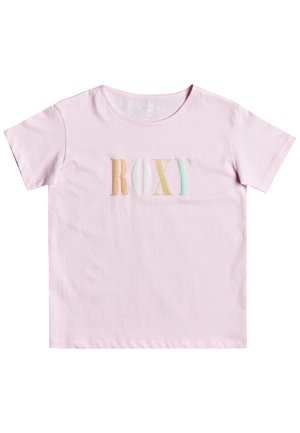 Jasnoróżowy T-shirt z krótkim rękawem z wielokolorowymi literami tworzącymi napis "ROXY" na piersi.