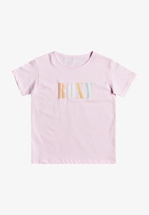 Jasnoróżowy T-shirt z krótkim rękawem z wielokolorowymi literami tworzącymi napis "ROXY" na piersi.