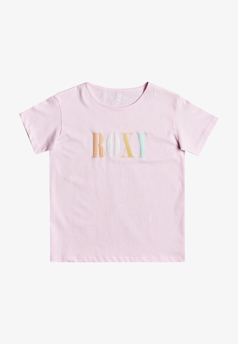 T-shirt rose clair à manches courtes avec des lettres multicolores formant le mot "ROXY" sur la poitrine.