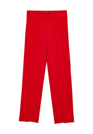 Red straight-leg trousers with belt loops and a button closure at the waist, displayed against a white background.