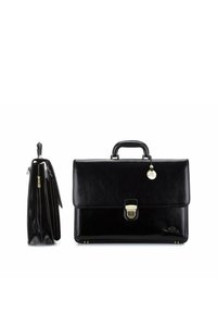 Zwarte leren aktetas met een handvat aan de bovenkant, gouden beslag, een slotsluiting en een zijvak met rits voor extra opbergruimte.