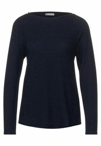 Haut long à manches en bleu marine foncé, col rond, tissu doux avec une texture subtile, ourlet légèrement incurvé, design simple sans logos ou motifs visibles.