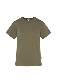 Olive green cotton T-shirt with short sleeves, crew neckline, and a straight cut. Features a small sewn label at the hem.
