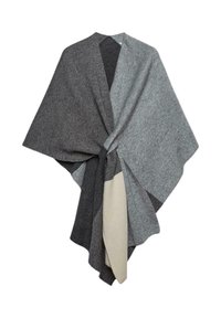 Uldwrap med et trekantet design i grå og beige nuancer, blød tekstur og asymmetrisk fald, fastgjort i midten.