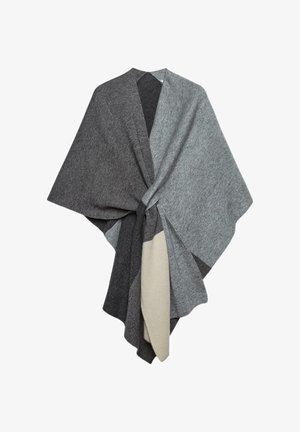 Wollschal mit einem dreieckigen Design in Grautönen und Beige, weicher Textur und asymmetrischem Fall, in der Mitte befestigt.