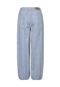 Modré a bílé pruhované kalhoty s širokým nohavicemi, se stahovací šňůrkou na lemu, dvěma zadními kapsami a béžovou nášivkou značky na pasu.