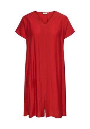 Abito midi rosso a maniche corte con scollo a V e spacco frontale centrale, realizzato in tessuto leggero e liscio.