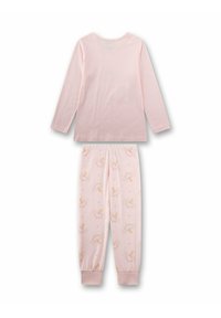 Pink long-sleeve top with round neckline paired with matching pajama pants featuring a floral pattern and elastic waistband.