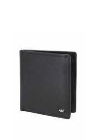 Portefeuille noir en cuir bifold avec couture visible et petit logo argenté avec ailes en bas à droite.