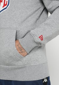 Sudadera gris de mezcla de algodón, con un bolsillo canguro, puños de canalé y un acento de logo rojo en la manga. Textura suave.