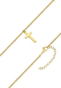 Guld halskæde med et enkelt korsvedhæng, skinnende finish, krabbekrogslås og justerbar længde med en kædeforlænger.