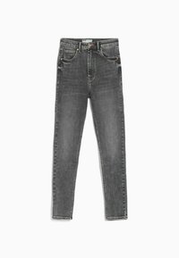 Jeans de denim gris de talle alto con un corte ajustado, cinco bolsillos, botones de cobre y un desvanecimiento sutil para un aspecto texturizado.