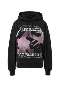 Czarna, oversize bluza z kapturem wykonana z bawełny, z graficznym nadrukiem w różowym i białym kolorze, zawierającym napisy "Metallica" i "San Francisco".