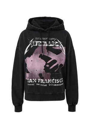 Zwarte oversized hoodie van katoen, met een grafische print in roze en wit met de tekst "Metallica" en "San Francisco".