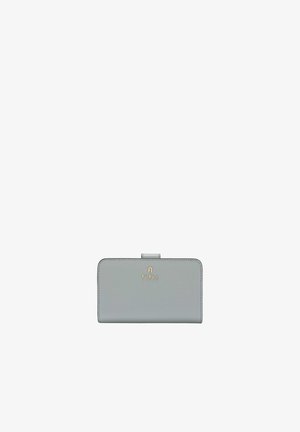 Gray leather wallet features a sleek rectangular design with a small tab closure, embossed logo, and smooth texture.