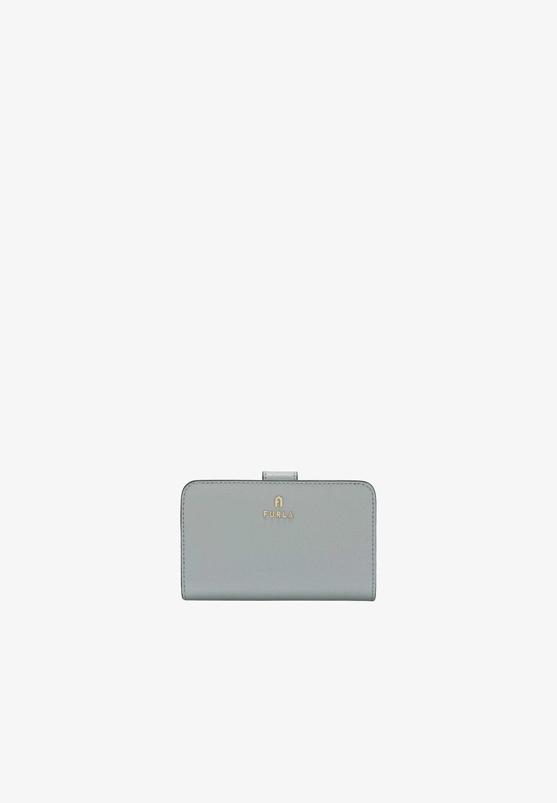 Gray leather wallet features a sleek rectangular design with a small tab closure, embossed logo, and smooth texture.