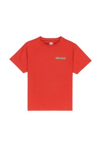 Czerwony bawełniany t-shirt z krótkimi rękawami i okrągłym dekoltem. Posiada małe turkusowe logo "element" w lewym górnym rogu klatki piersiowej. Lekki materiał.