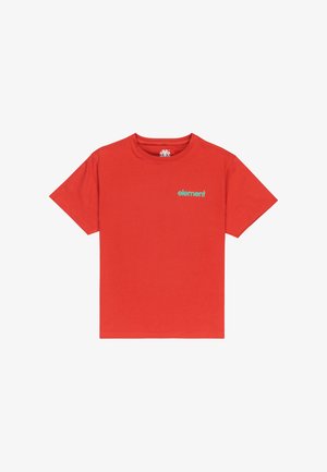 Czerwony bawełniany t-shirt z krótkimi rękawami i okrągłym dekoltem. Posiada małe turkusowe logo "element" w lewym górnym rogu klatki piersiowej. Lekki materiał.