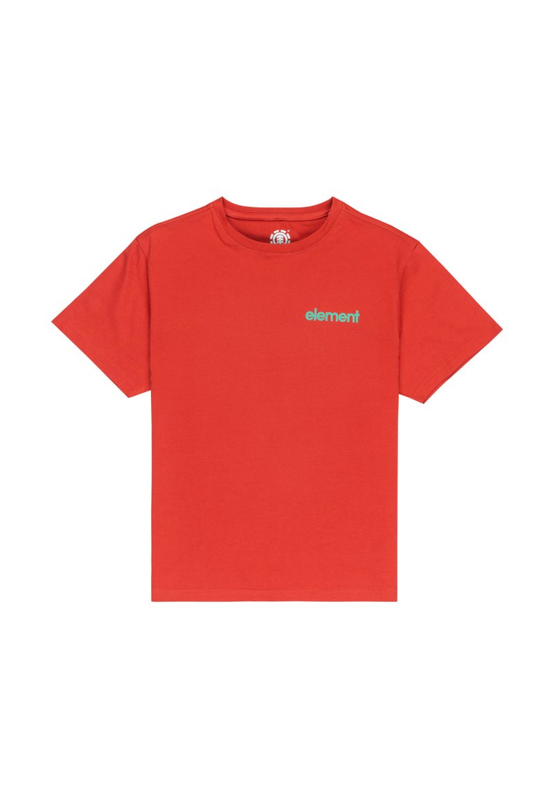 Czerwony bawełniany t-shirt z krótkimi rękawami i okrągłym dekoltem. Posiada małe turkusowe logo "element" w lewym górnym rogu klatki piersiowej. Lekki materiał.