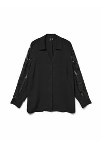 Blusa nera con maniche lunghe, caratterizzata da dettagli in pizzo sulle maniche e una chiusura con bottoni sul davanti. Tessuto liscio con una vestibilità rilassata.