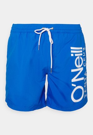 Blue men's swim shorts with an elastic waistband, white drawstring, and large white logo on the left side. Lightweight material, smooth texture.