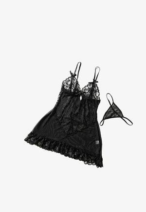 Black lace lingerie set featuring a sheer negligee with scalloped edges, adjustable straps, and a matching thong. Textured lace pattern throughout.