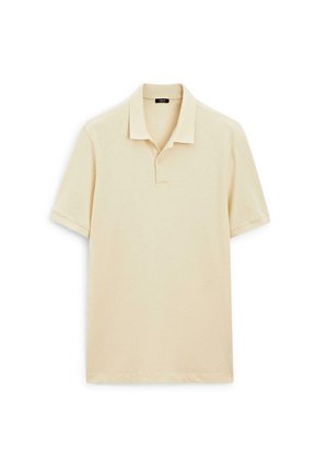 Beige poloshirt met een klassieke kraag, korte mouwen en een zachte, textuurrijke katoenen stof. Inclusief een dubbele knoopsluiting.