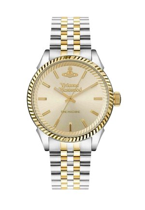 Gouden en zilveren roestvrijstalen polshorloge met een gestructureerde, licht gouden wijzerplaat; voorzien van het Vivienne Westwood-logo en datumaanduidingen.