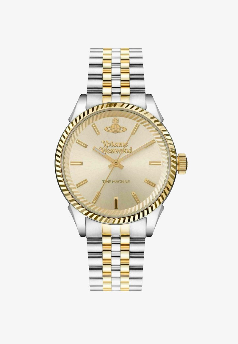 Gouden en zilveren roestvrijstalen polshorloge met een gestructureerde, licht gouden wijzerplaat; voorzien van het Vivienne Westwood-logo en datumaanduidingen.