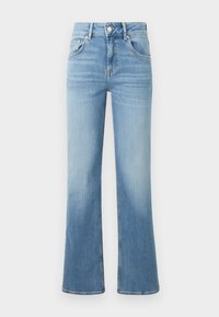 Lyseblå denim bukser med utsvingte ben og høy midje, med to frontlommer, knapplukking øverst, og lett fade.