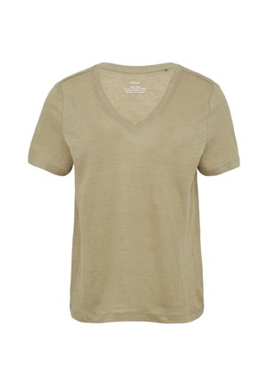 Beige linnen t-shirt met een V-hals en korte mouwen. Heeft een textuurafwerking en een relaxte pasvorm, geschikt voor casual wear.