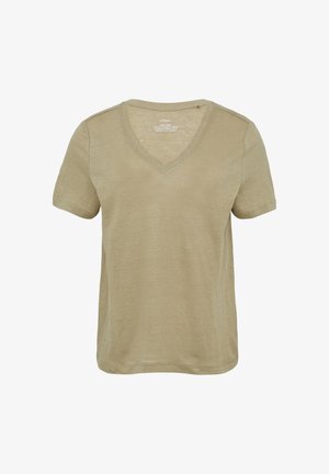 Beige Leinen-T-Shirt mit V-Ausschnitt und kurzen Ärmeln. Verfügt über eine strukturierte Oberfläche und eine lockere Passform, die sich gut für Freizeitkleidung eignet.