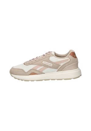 Beige and white Reebok GL 1100 sneaker with light pink accents, mesh and suede upper, padded collar, and white cushioned sole.