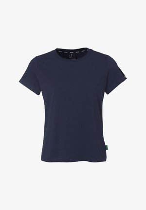 Marineblå kortærmet T-shirt lavet af blødt, glat stof. Har en rund halsudskæring og et lille logo akcent på ærmet.