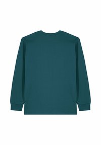 T-shirt à manches longues bleu sarcelle en coton doux, avec un col rond et un ourlet droit. Aucune motif ni ornement n'est présent.