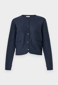 Marineblå kort cardigan med strukturert stoff, rund hals, fem knapper foran og to lommer foran. Glatte, strikkede mansjetter.