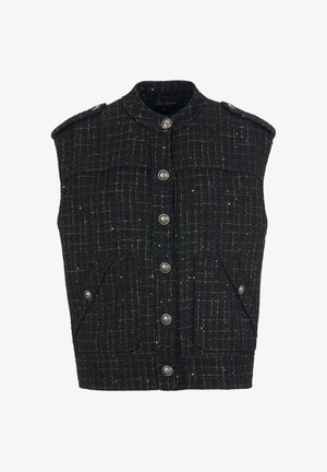 Crna prsluk bez rukava od teksturirane tkanine s uzorkom rešetke. Ima srebrne gumbe, naramenice i dva prednja džepa.