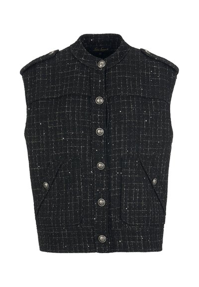 Veste noire sans manches en tissu texturé avec un motif en grille. Comprend des boutons argentés, des épaulettes et deux poches avant.