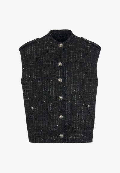 Veste noire sans manches en tissu texturé avec un motif en grille. Comprend des boutons argentés, des épaulettes et deux poches avant.