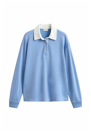 Lichtblauw rugbyshirt met lange mouwen, witte kraag en twee knopen bij de hals, geribbelde manchetten en een losse pasvorm.