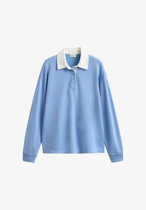 Lichtblauw rugbyshirt met lange mouwen, witte kraag en twee knopen bij de hals, geribbelde manchetten en een losse pasvorm.