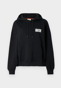 Sweat-shirt à capuche noir avec une poche avant, des cordons de serrage et un texte imprimé blanc. Tissu doux, poignets et ourlet côtelés. Coupe régulière.
