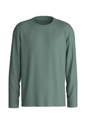 Langsleeve, ronde hals shirt in een muted groene kleur, gemaakt van een gladde stof. Heeft een losse pasvorm en gestikte zoomdetails.