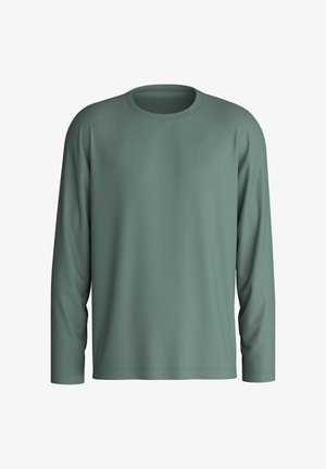 Chemise à manches longues et col rond de couleur vert pâle, fabriquée en tissu lisse. Présente une coupe décontractée et des détails de couture à l'ourlet.